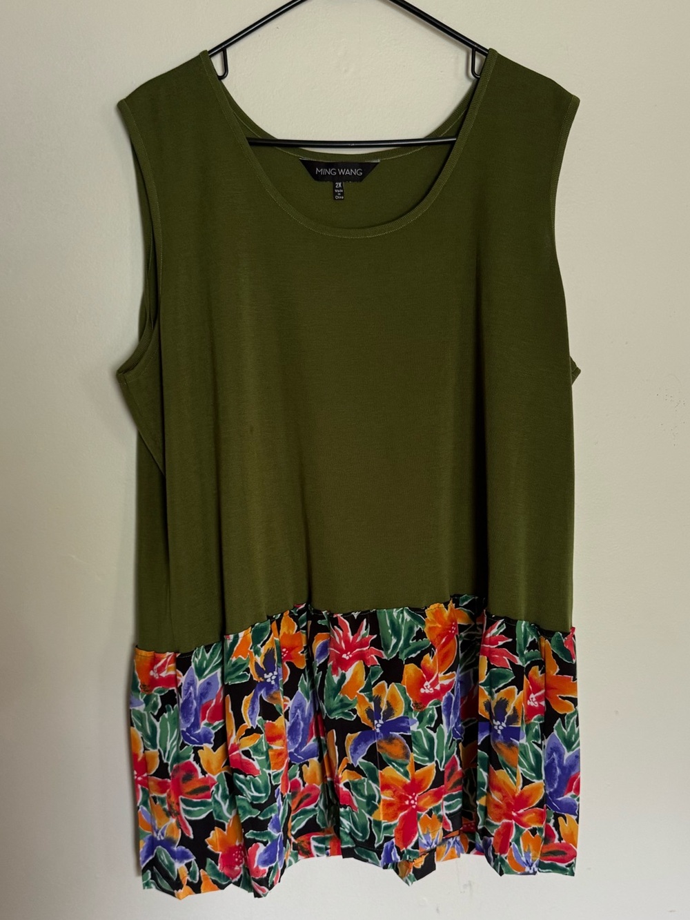 Ming Wang Plus Size 2X Tunic Tank Top Olive Green Floral Hem Mixed Media